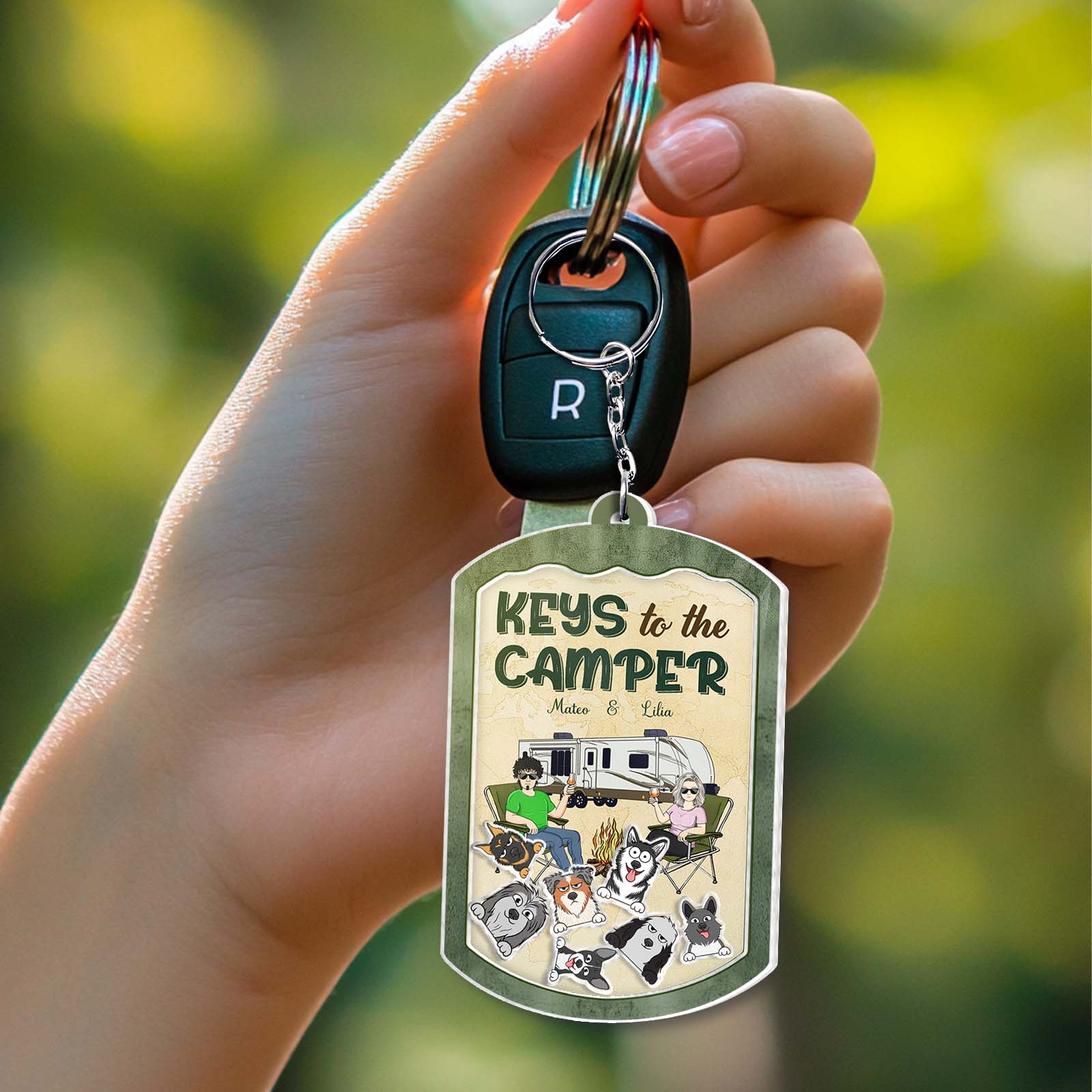 Personalized pet lover keychain featuring a camper design and various cute animal illustrations