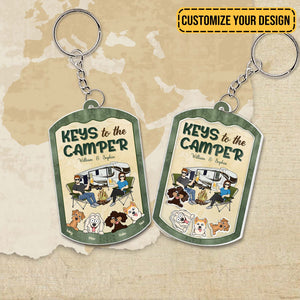Personalized pet lover keychain featuring a camper scene with pets and customizable design option