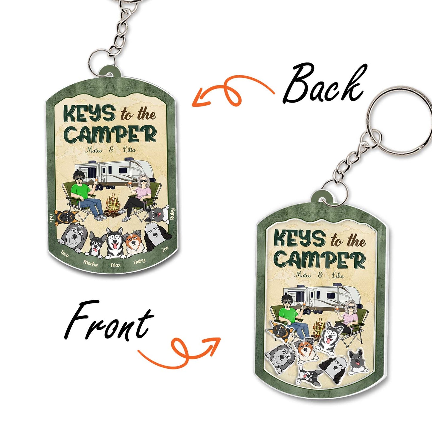 Personalized pet lover keychain featuring a vintage camper design with cute dog illustrations