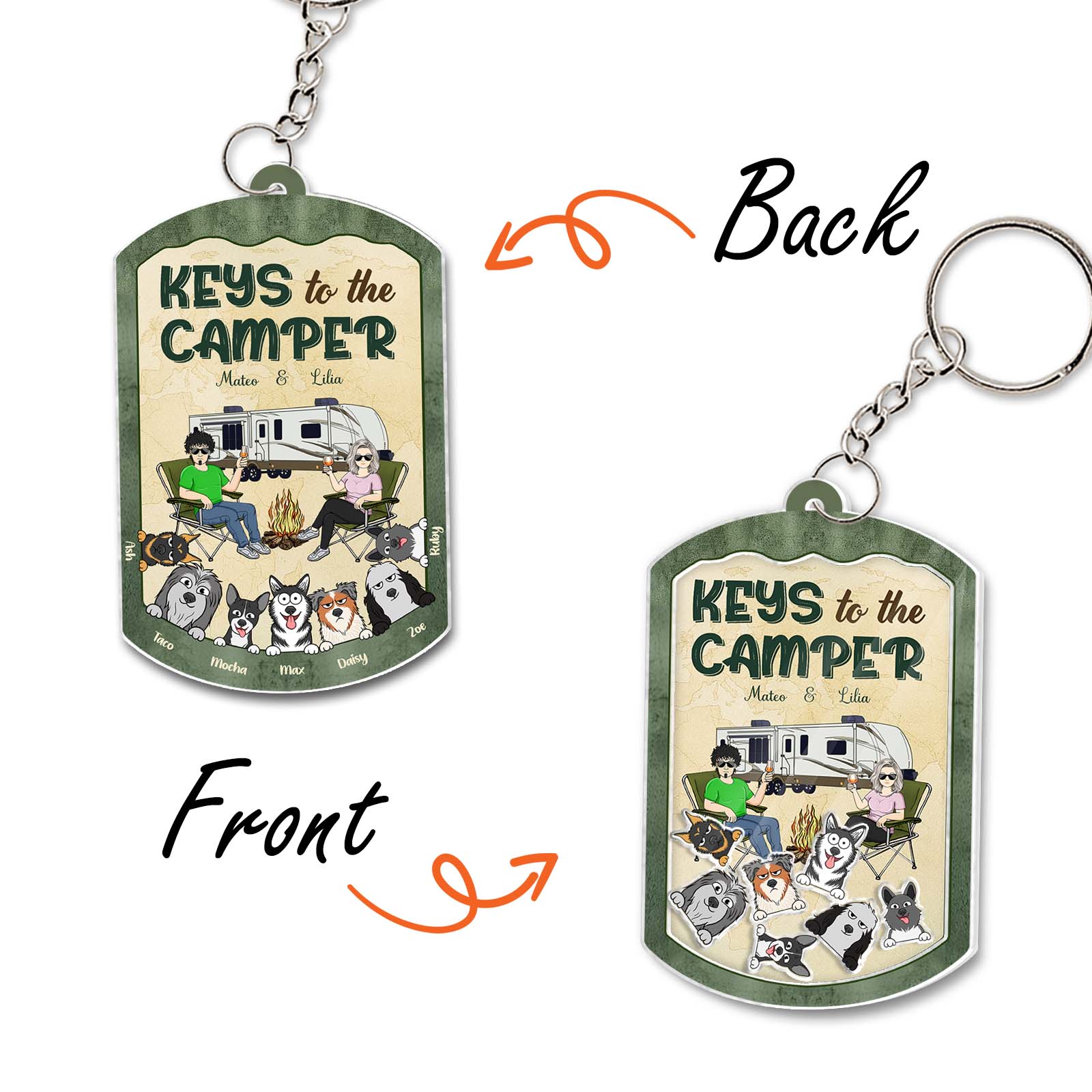 Personalized pet lover keychain featuring a vintage camper design with cute dog illustrations