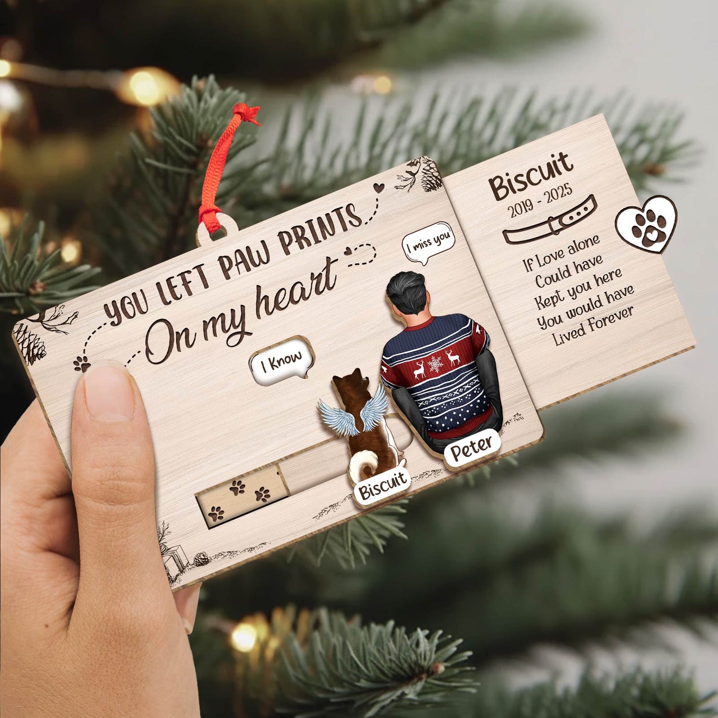 Personalized pet memorial Christmas card featuring a wooden design with heartfelt message and customizable name