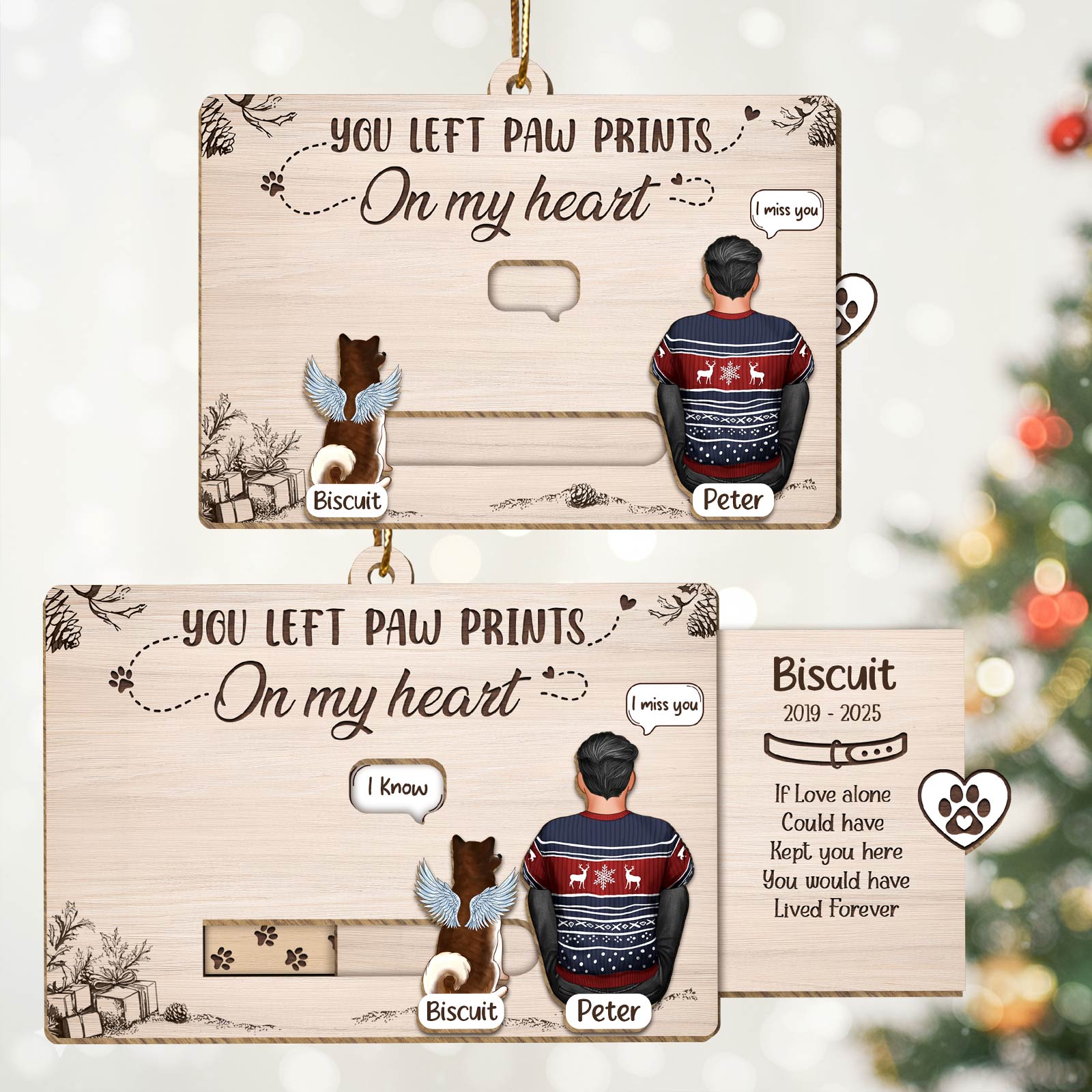 Personalized pet memorial Christmas card featuring a heartfelt tribute to a beloved pet named Biscuit