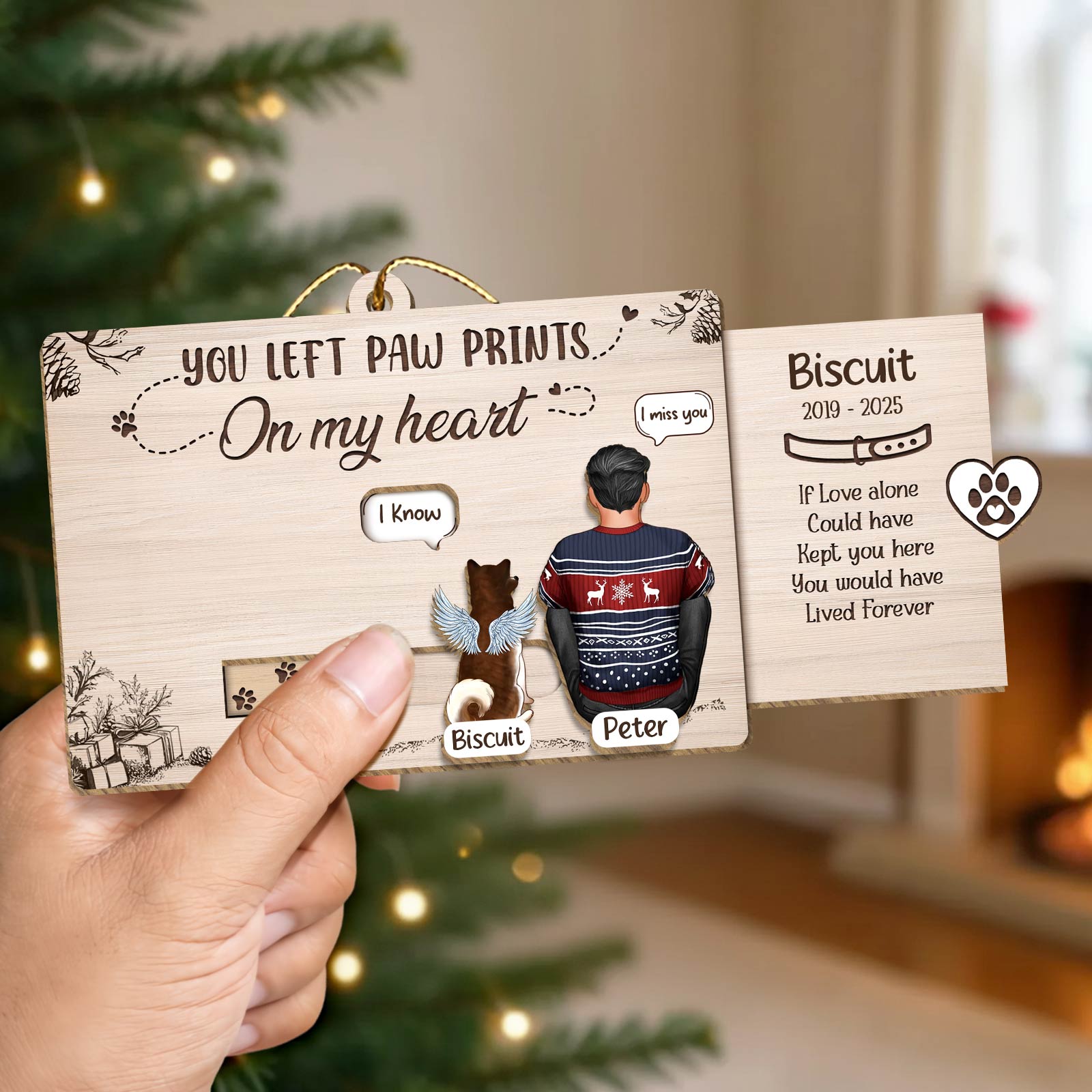 Personalized pet memorial Christmas card featuring a heartfelt tribute for pet Biscuit and owner Peter