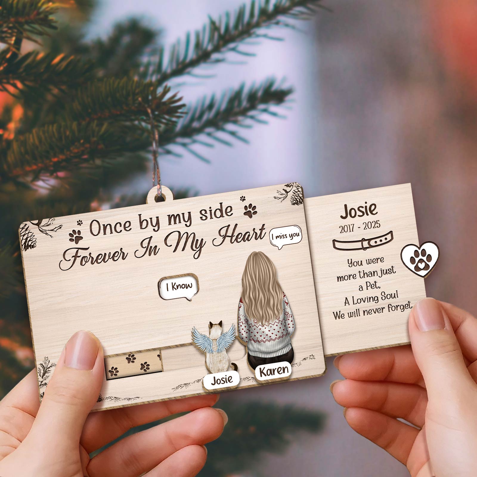 Personalized pet memorial Christmas card featuring a heartfelt design with names and a touching message