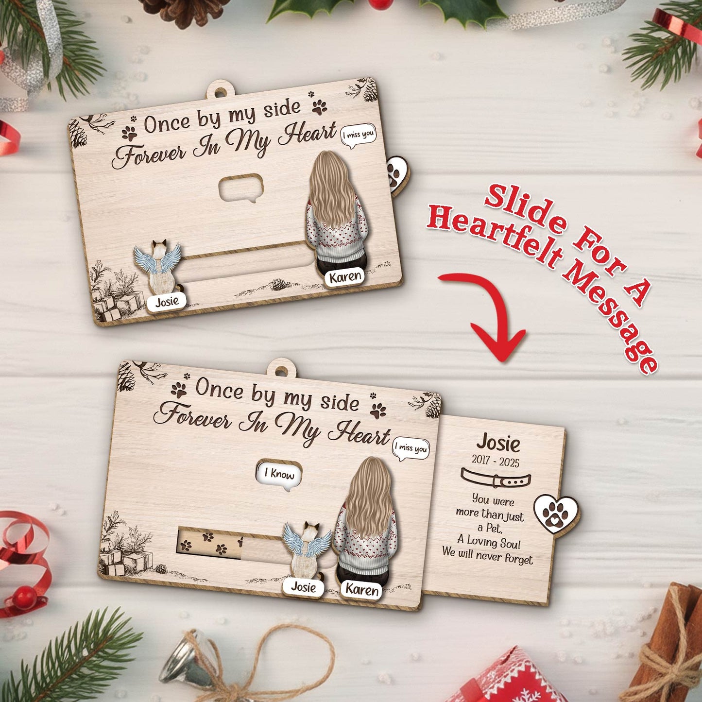 Personalized pet memorial Christmas card featuring heartfelt message and decorative elements