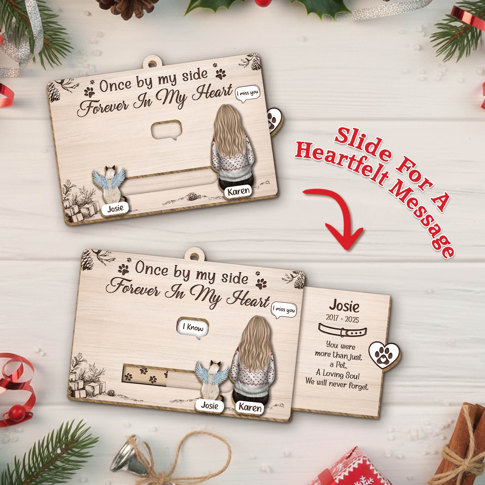 Personalized pet memorial Christmas card featuring heartfelt message and decorative elements