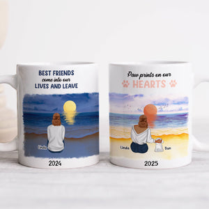 Personalized pet memorial mug featuring a serene sunset scene with custom names for remembrance