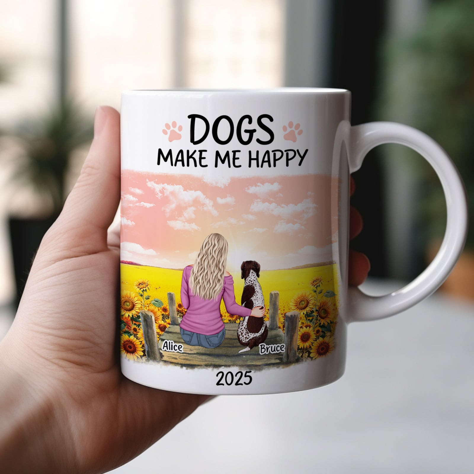 Personalized pet memorial mug featuring a woman and dog in a sunset scene with custom names