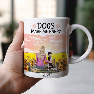 Personalized pet memorial mug featuring a woman and dog in a sunset scene with custom names