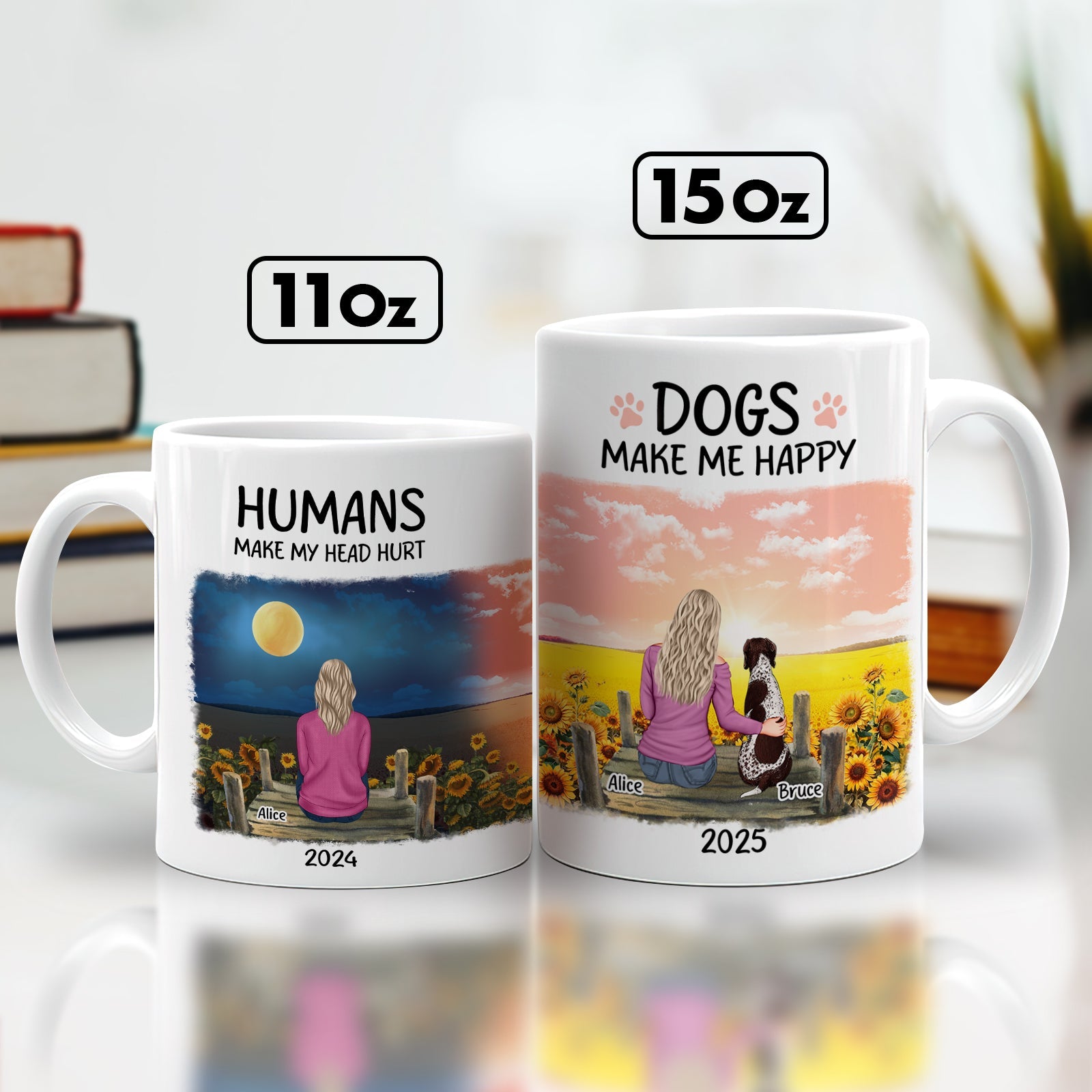 Personalized pet memorial mug featuring custom names and serene sunset designs for remembrance