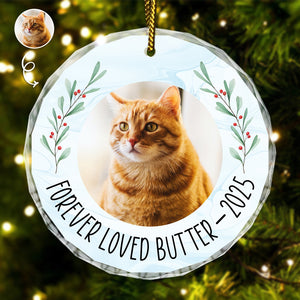 Personalized pet memorial ornament featuring a cat photo, honoring a beloved pet named Butter