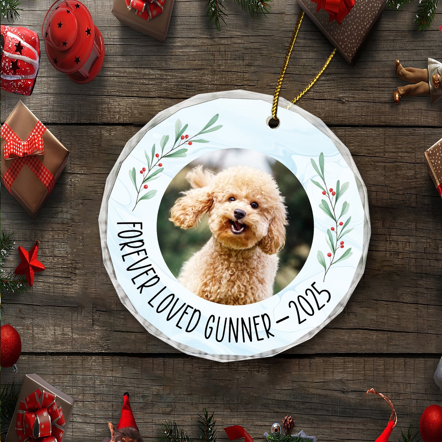 Personalized pet memorial ornament featuring a cheerful dog photo and heartfelt text for remembrance