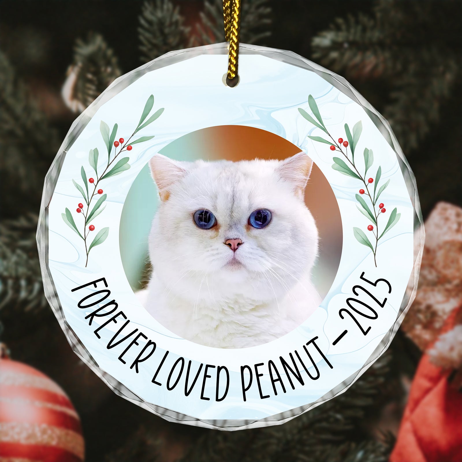 Personalized pet memorial ornament featuring a cat photo and the name Forever Loved Peanut 2015