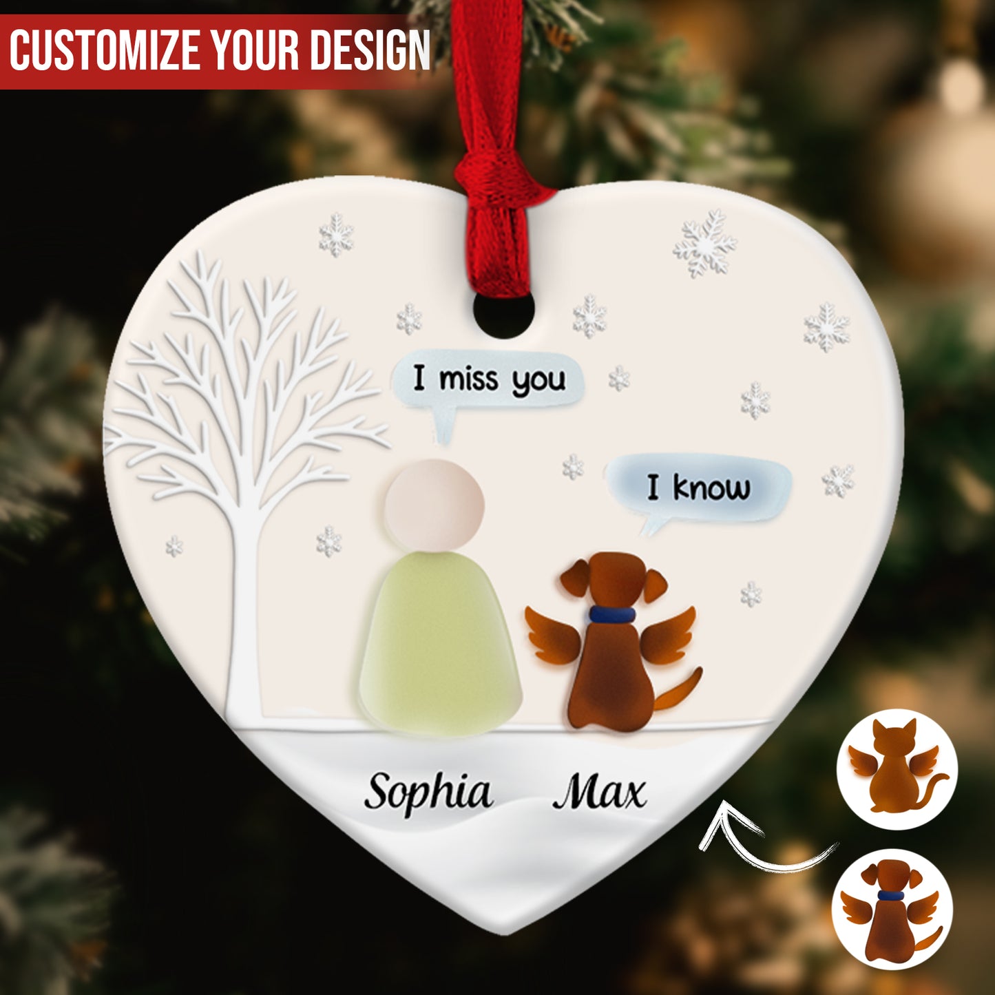 Personalized pet memorial ornament featuring a dog and owner with customizable names and messages