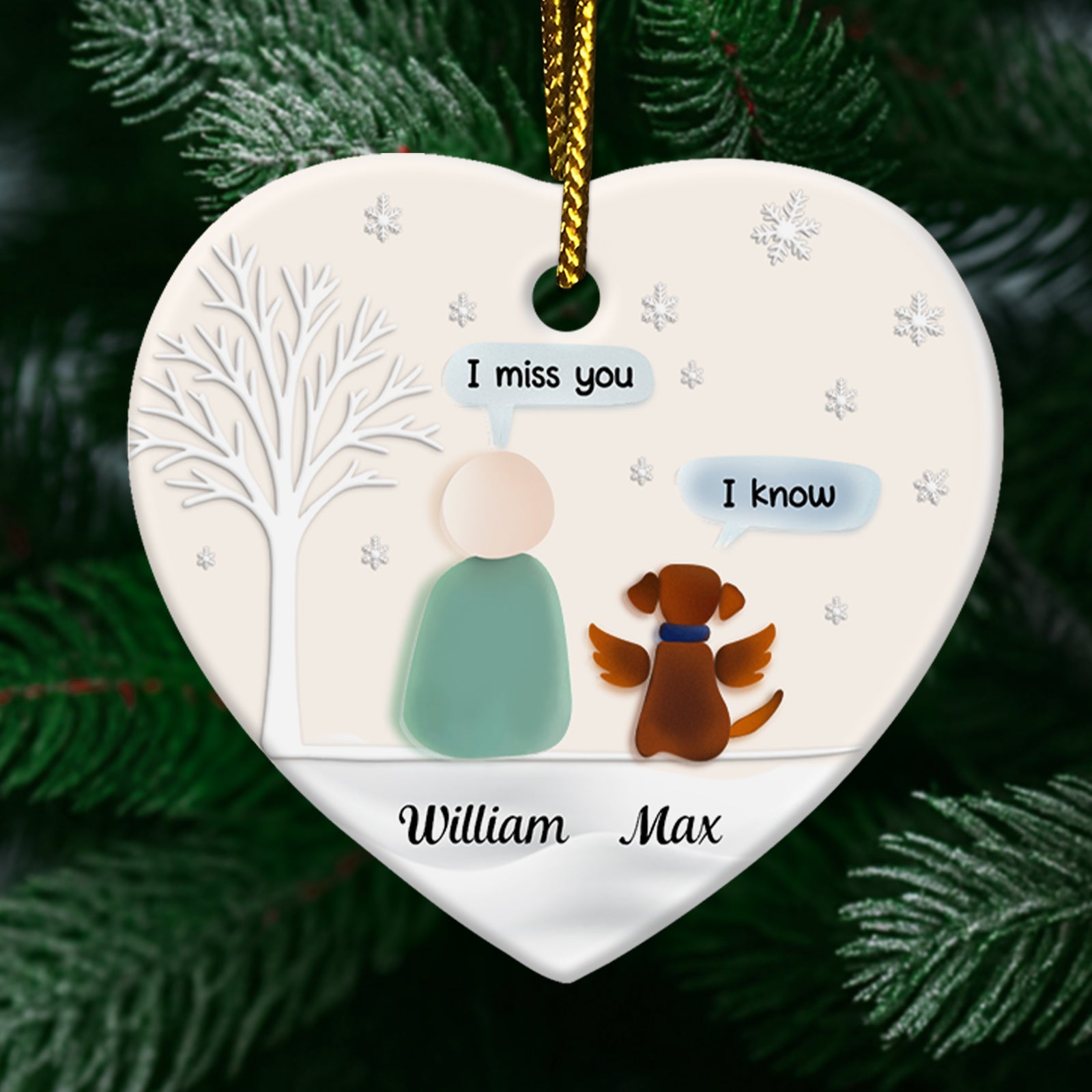 Personalized pet memorial ornament featuring a heartfelt design with a human and dog saying I miss you and I know