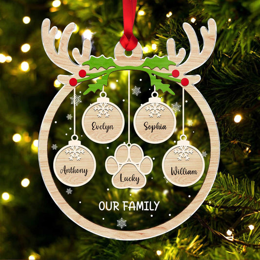 365Gifty personalized pet paw Christmas ornament with wooden reindeer frame and family names engraved