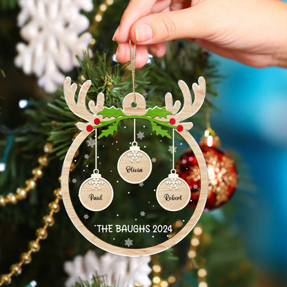 365Gifty personalized pet paw Christmas ornament with reindeer design and custom names hanging on tree