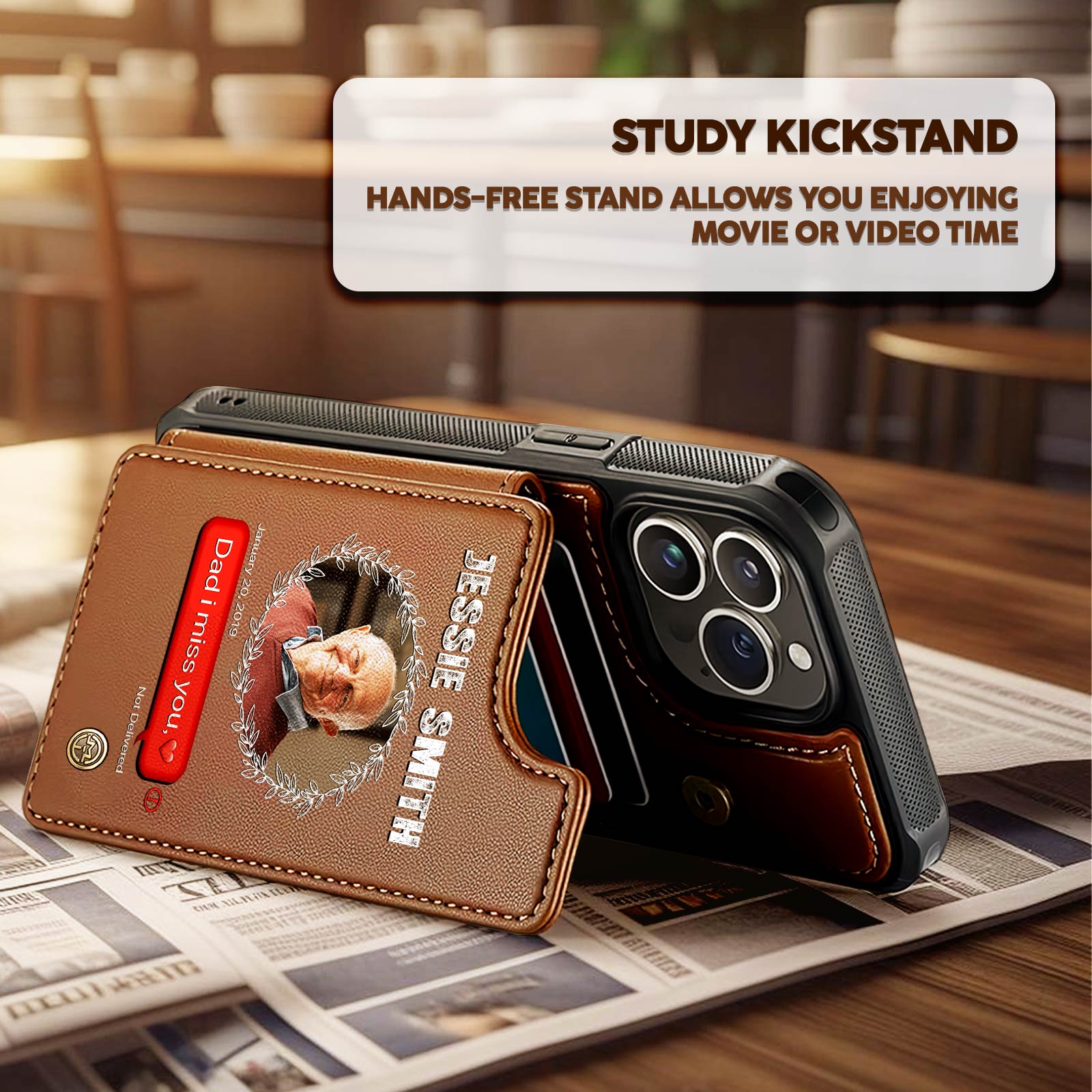 Personalized phone case for mom with a photo holder and kickstand for hands-free viewing