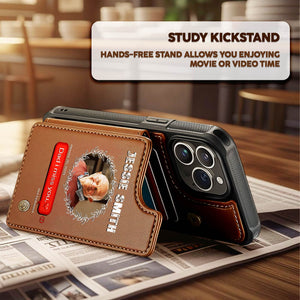 Personalized phone case for mom with a photo holder and kickstand for hands-free viewing