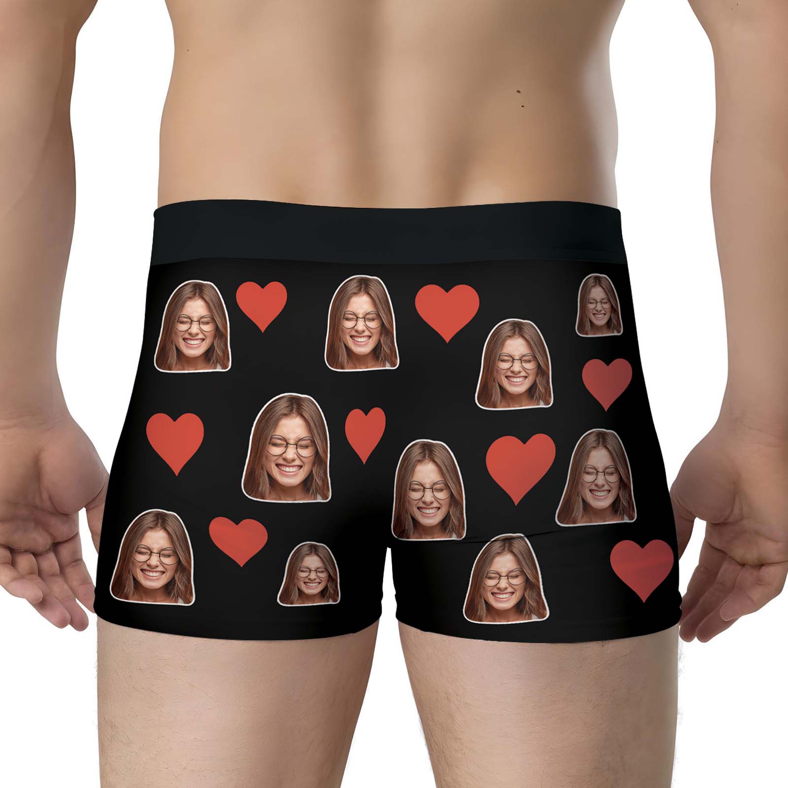 Personalized photo boxers featuring multiple heart designs and custom images on a black background