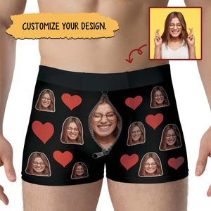 Customizable personalized photo boxers featuring multiple heart and face designs for a unique gift