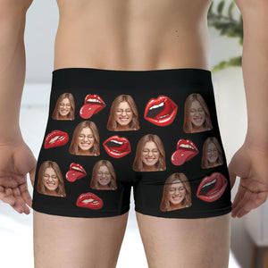 Personalized photo boxers for couples featuring fun lip and face graphics on a black background