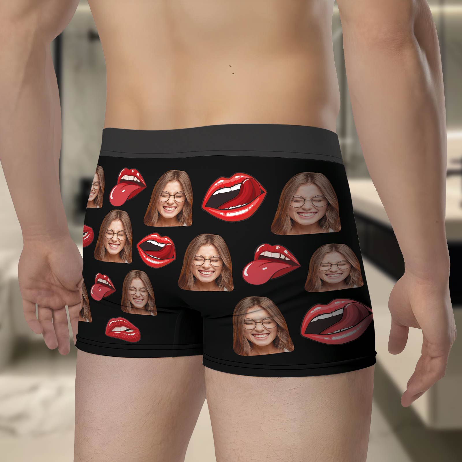 Personalized photo boxers for couples featuring playful lipstick and smile images on a black background