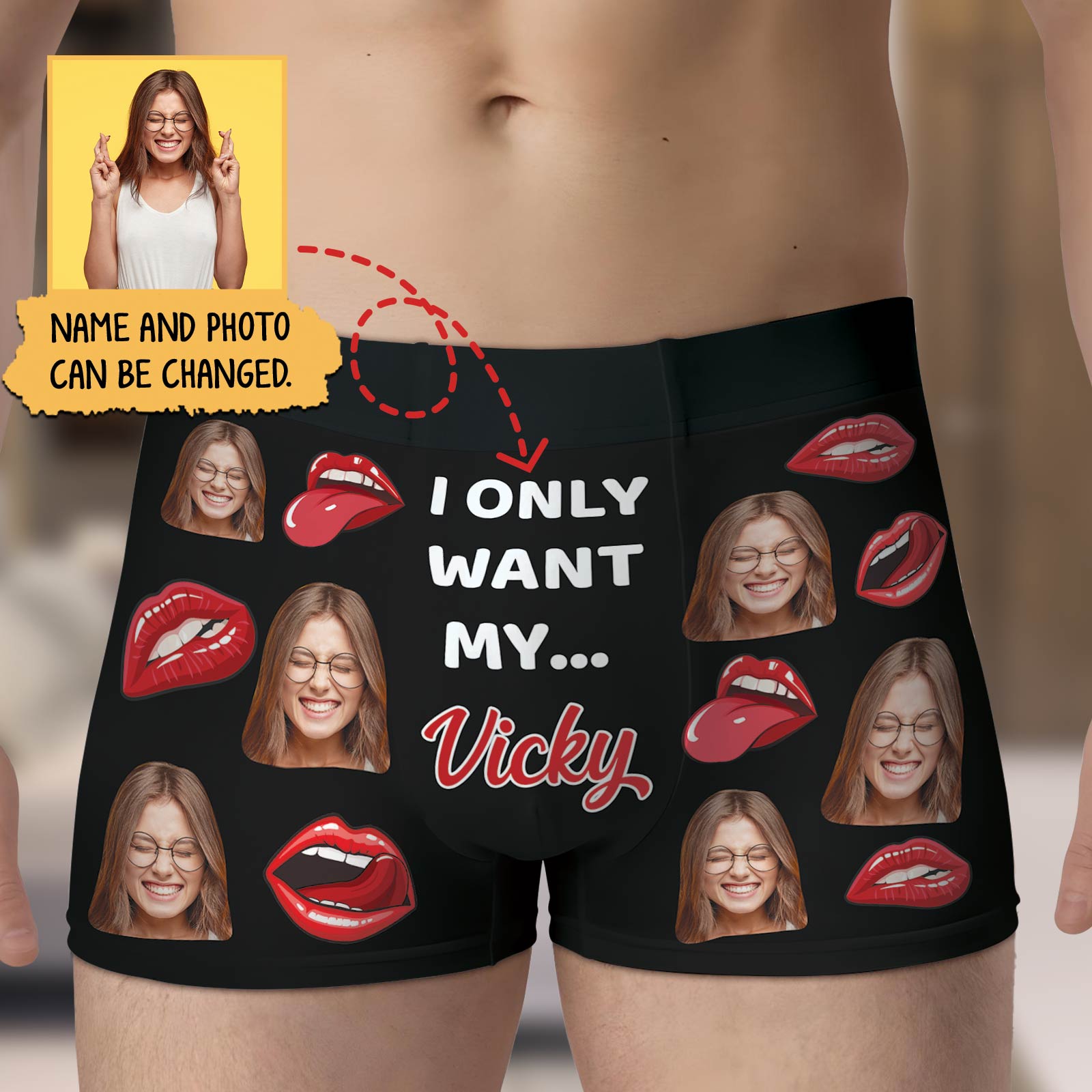 Personalized photo boxers for couples featuring customizable name and photo design