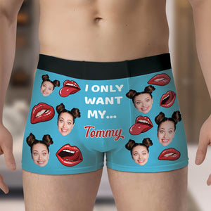 Bright blue personalized photo boxers for couples featuring fun faces and playful text