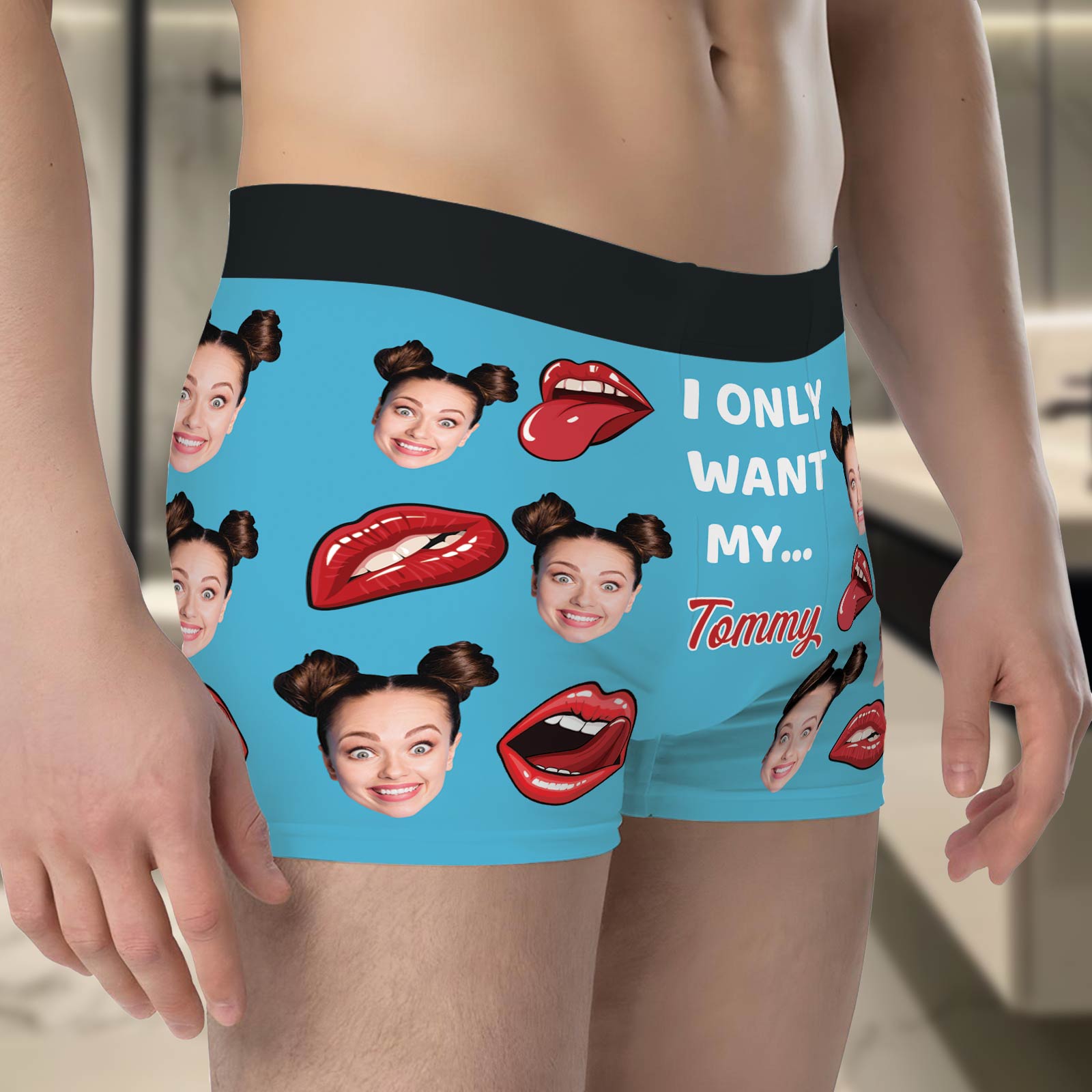 Funny personalized photo boxers for couples featuring playful expressions and colorful design
