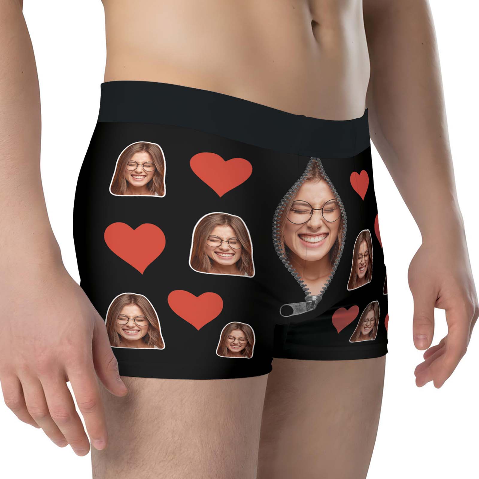 Personalized photo boxers featuring fun design with heart patterns and smiling faces for unique style
