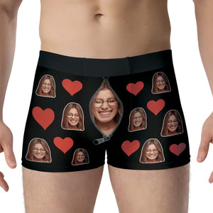 Personalized photo boxers featuring fun heart designs and custom face prints for a unique gift