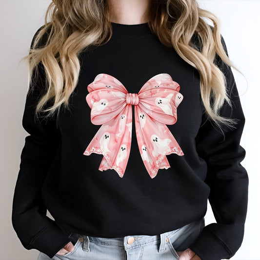 Black sweatshirt featuring a personalized pink Halloween shirt design with ghosts on a large pink bow