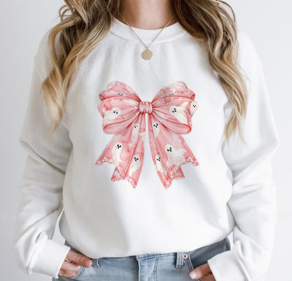 365Gifty personalized pink Halloween shirt featuring a large pink bow with white ghost designs