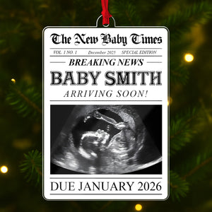Personalized pregnancy announcement ornament featuring ultrasound image and announcement details