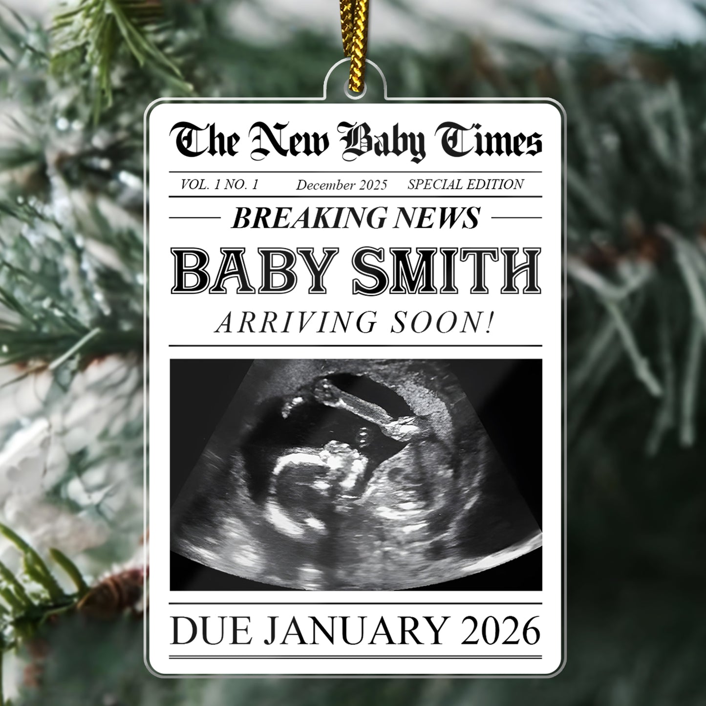 Personalized pregnancy announcement ornament featuring an ultrasound image and due date information