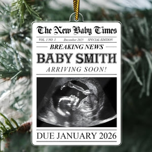 Personalized pregnancy announcement ornament featuring an ultrasound image and due date information