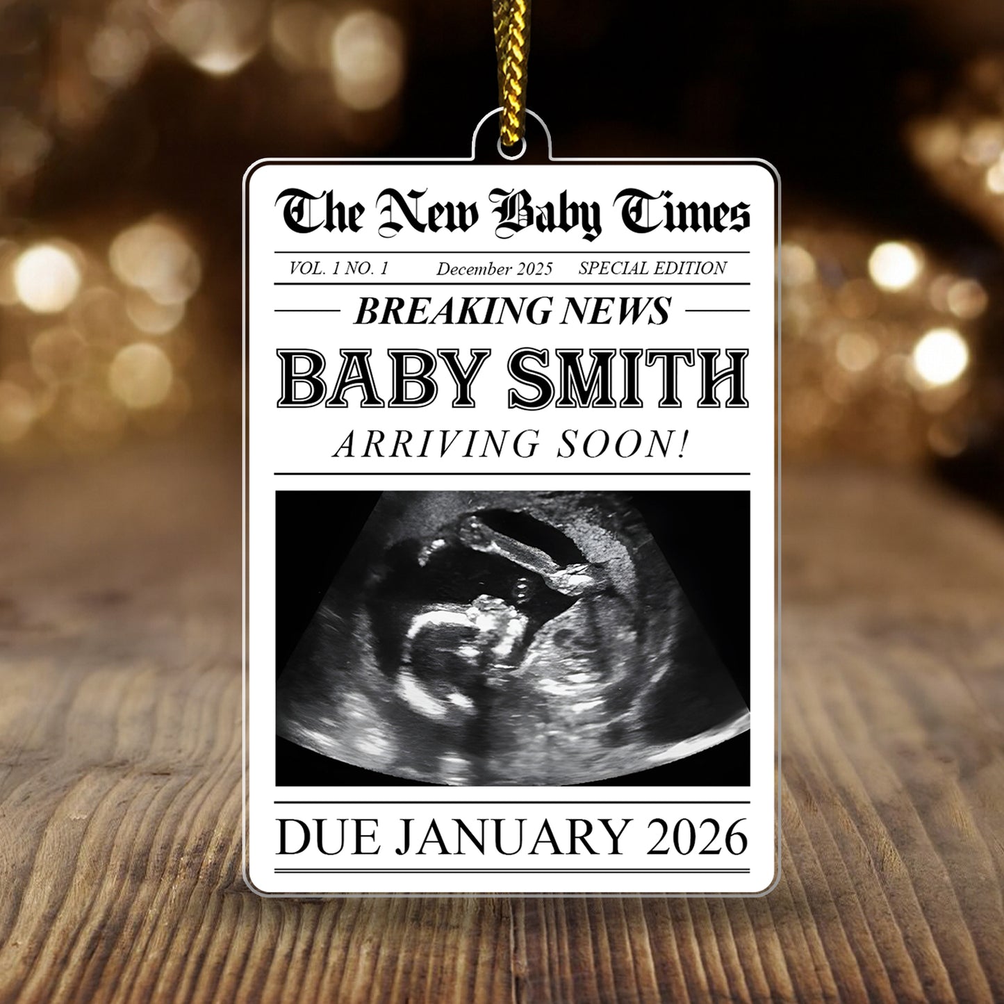 Personalized pregnancy announcement ornament featuring ultrasound image and due date January 2026