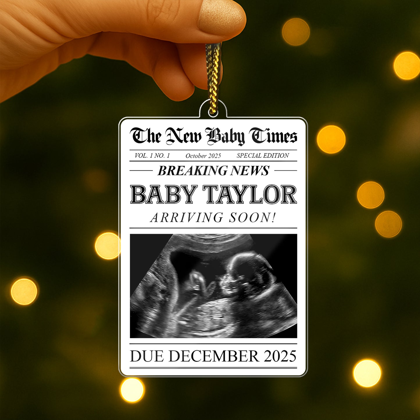 Personalized pregnancy announcement ornament featuring ultrasound photo and due date December 2025.