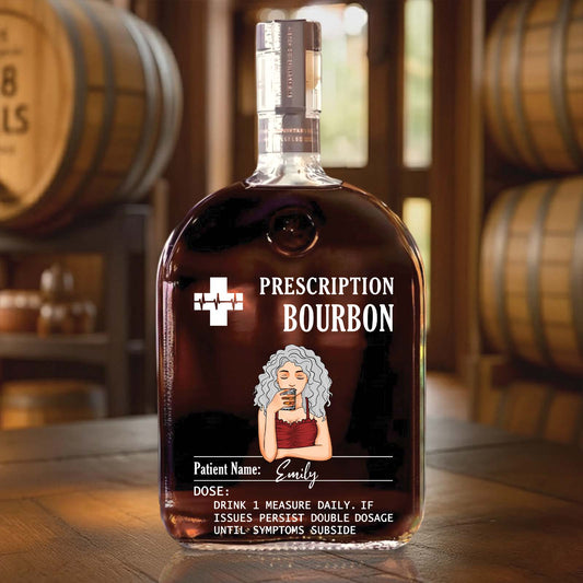 Personalized prescription whiskey bottle featuring a custom label and a woman illustration for unique gifts