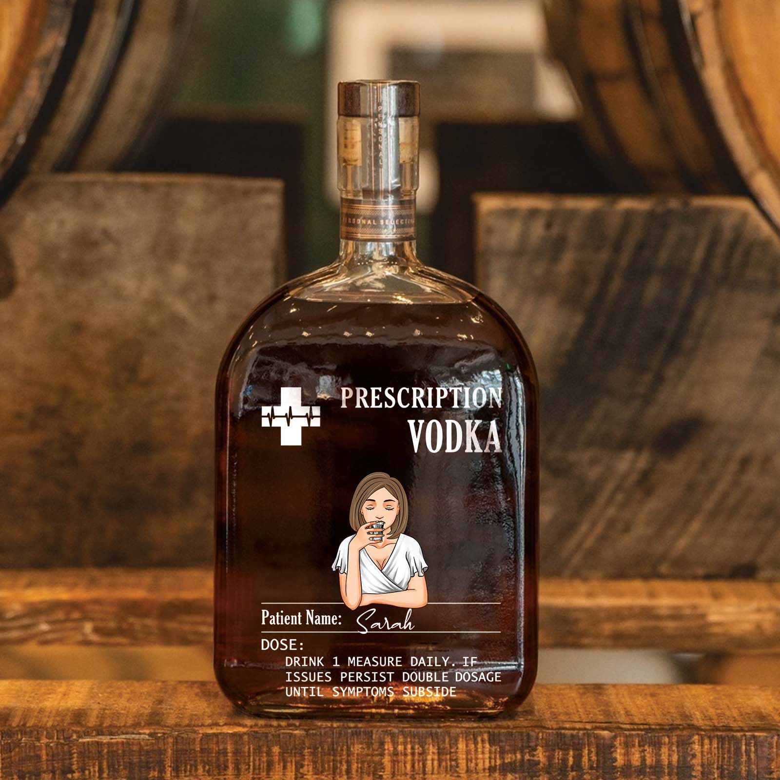 Personalized prescription whiskey bottle featuring a custom label with patient's name and dosage instructions