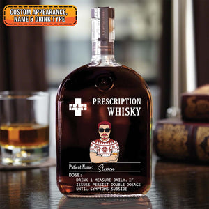 Personalized prescription whiskey bottle with custom label and unique design for whiskey lovers