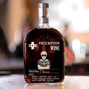Personalized prescription whiskey bottle with custom label and humorous doctor theme for whiskey lovers