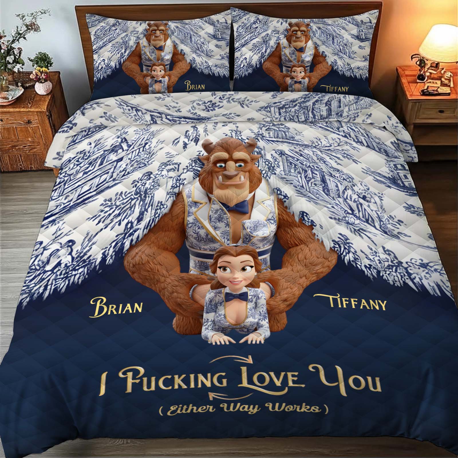 Personalized quilt bedding set featuring cartoon characters and custom names Brian and Tiffany