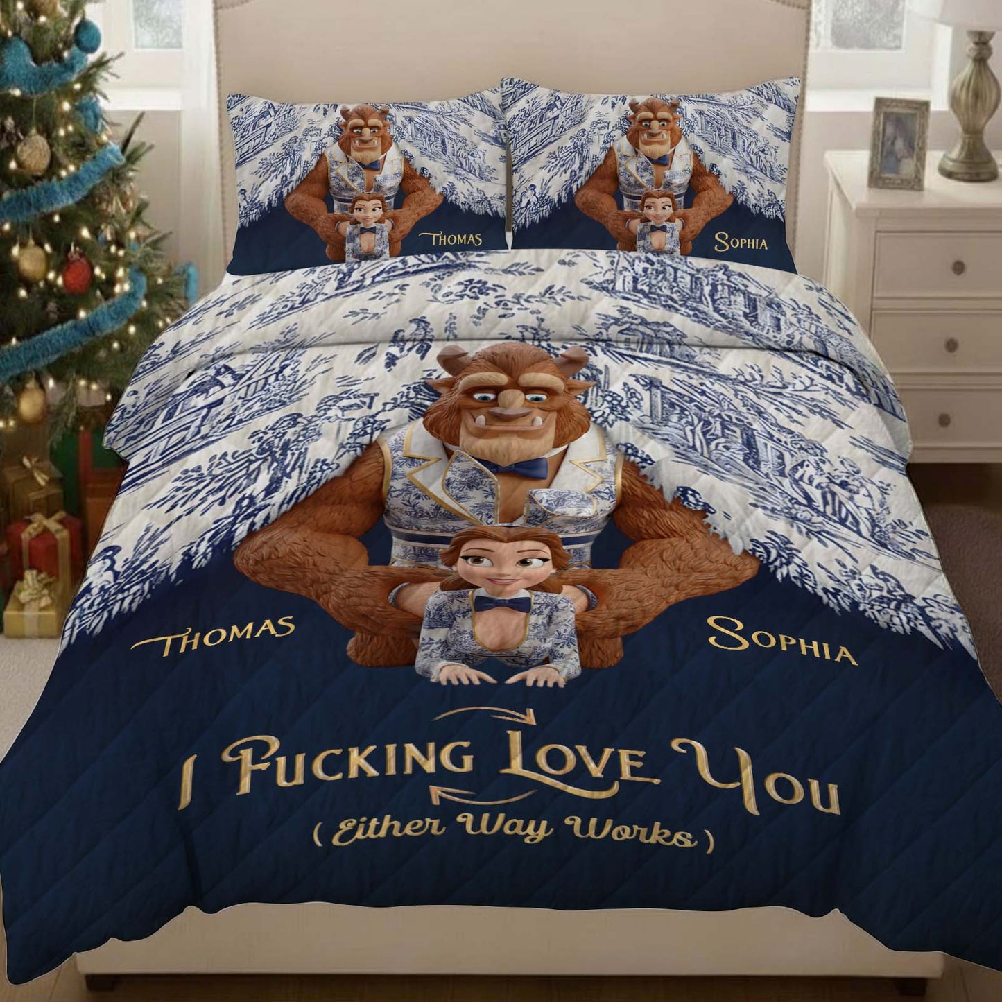 Personalized quilt bedding set featuring fun character design with text I Pucking Love You