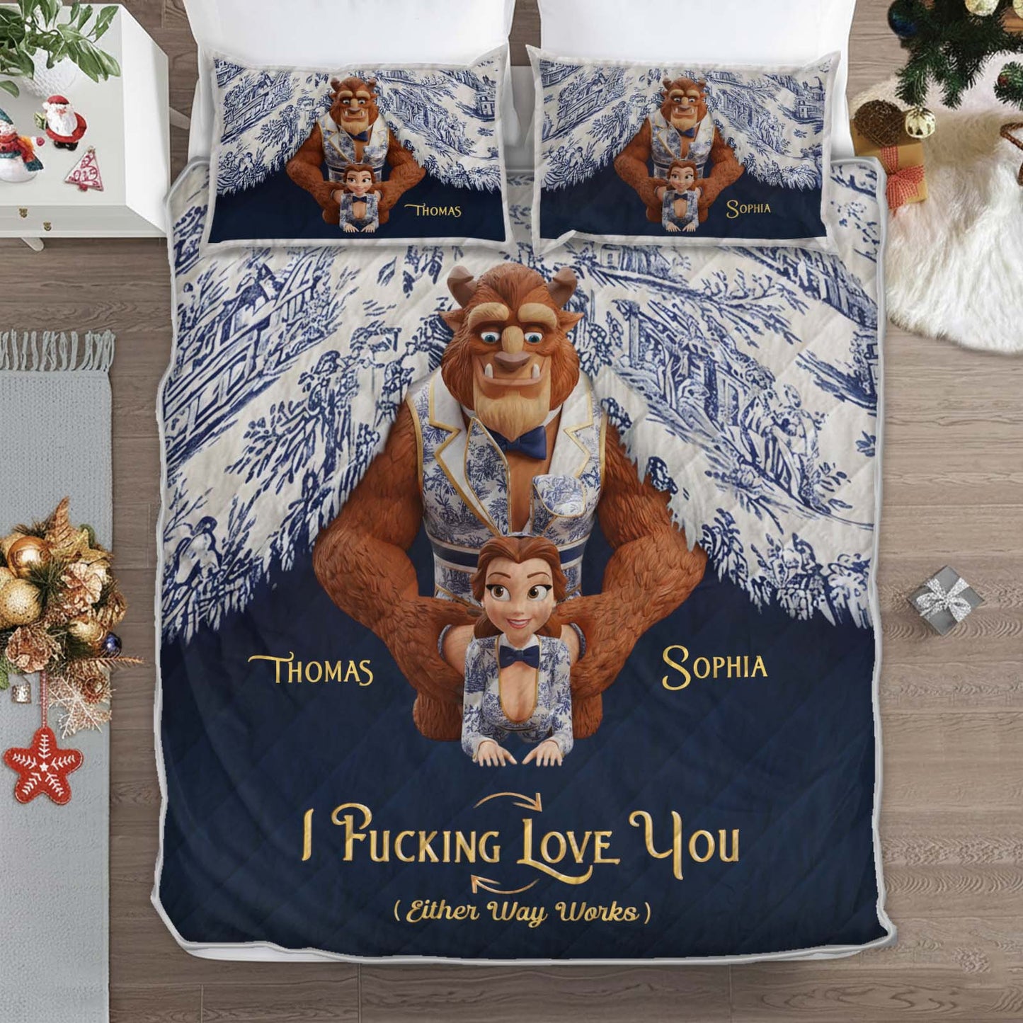 Personalized quilt bedding set featuring a romantic design and custom names Thomas and Sophia