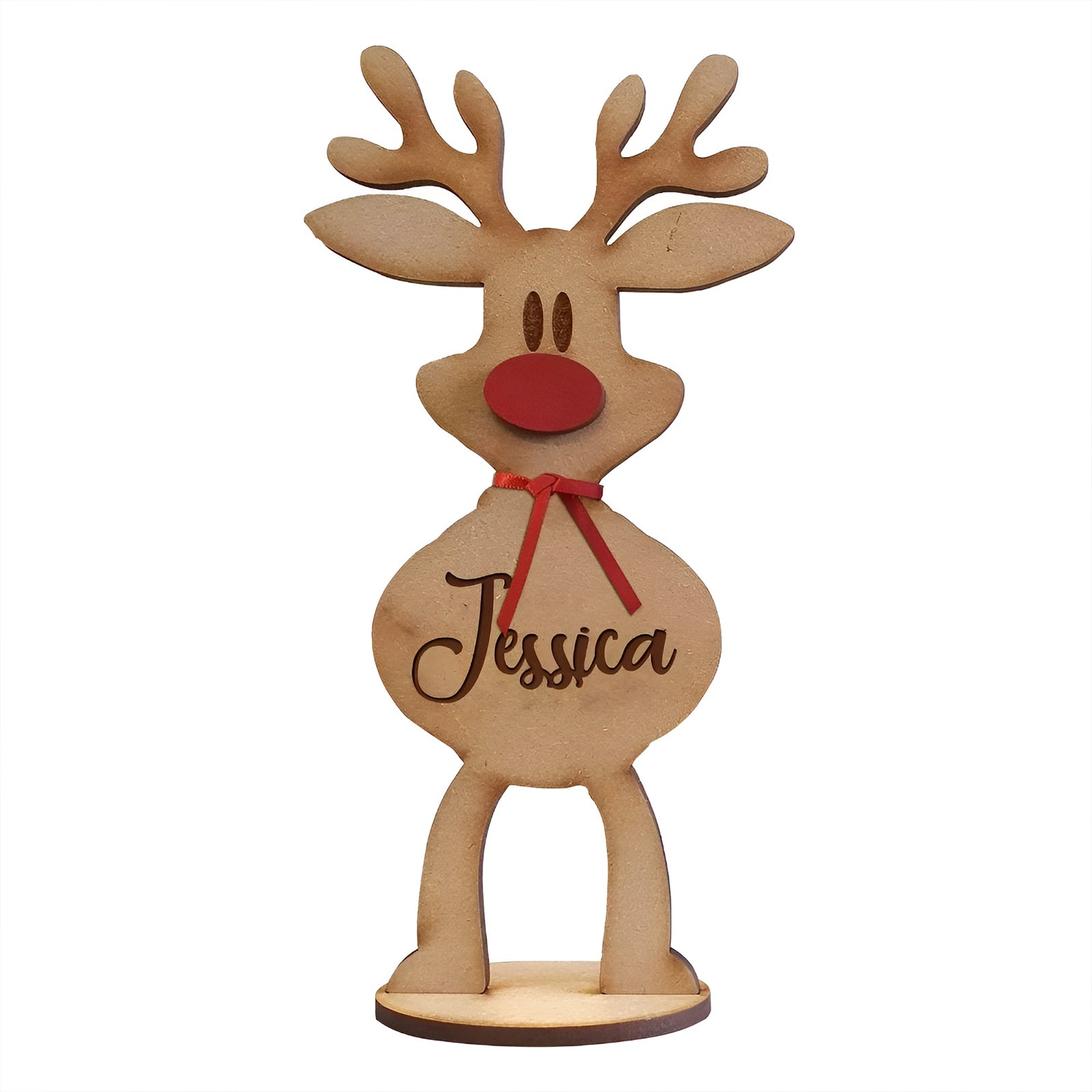 Personalized reindeer family decoration with red nose and name Jessica engraved on wood