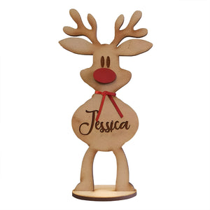 Personalized reindeer family decoration with red nose and name Jessica engraved on wood