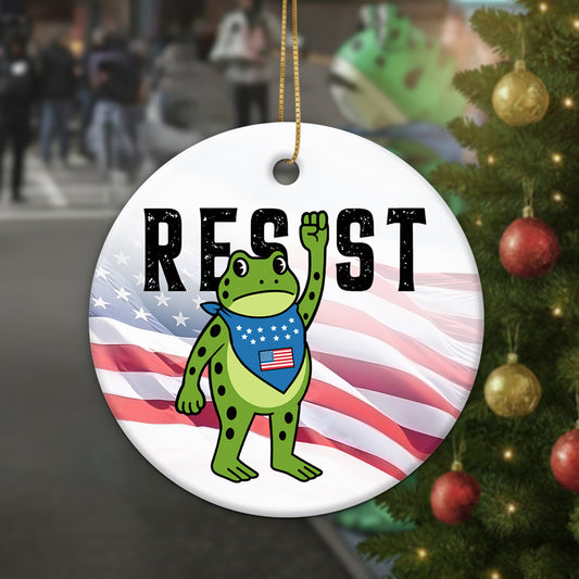 Personalized resist ornament featuring a frog with an American flag background, perfect for festive decor