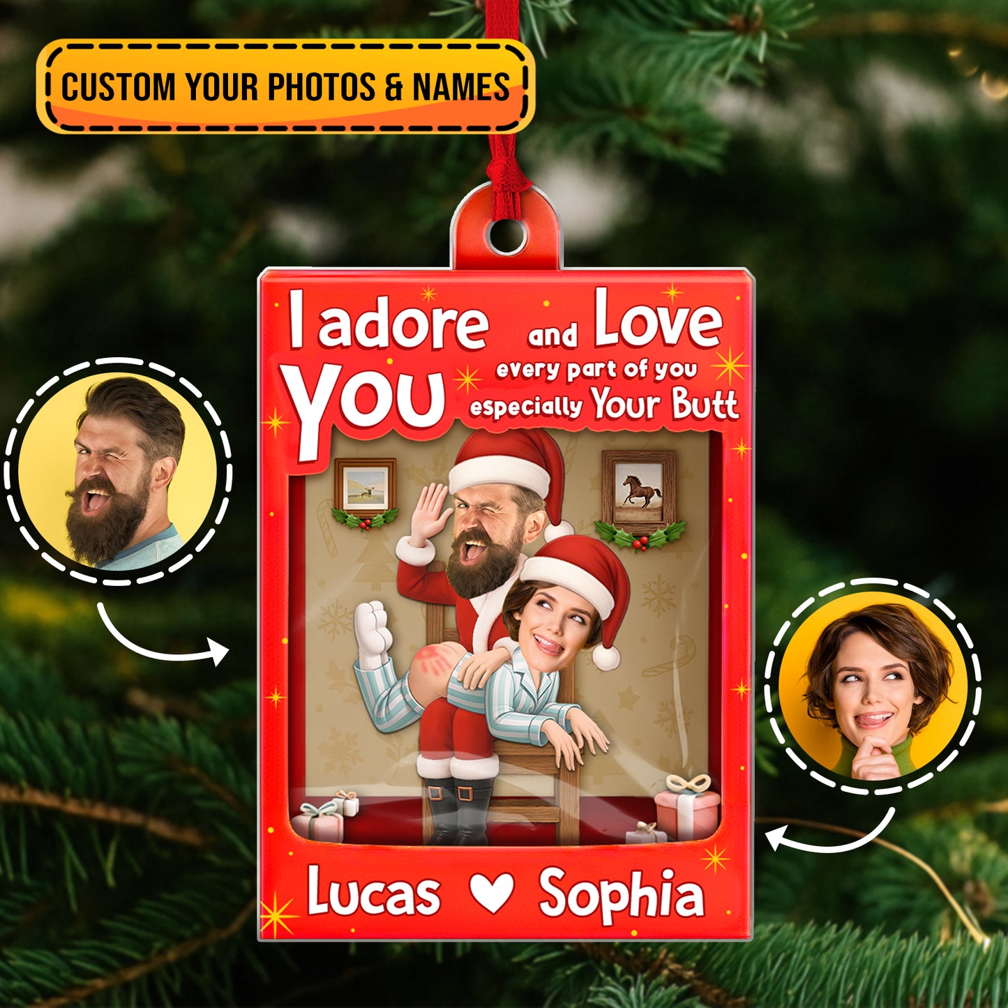 Personalized Santa couple ornament featuring a fun design with names Lucas and Sophia for holiday decor